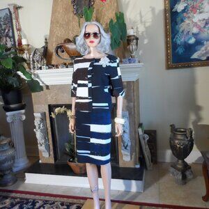 Akris Punto Navy & Ivory Abstract Print Skirt Suit Size US 4 / US 8